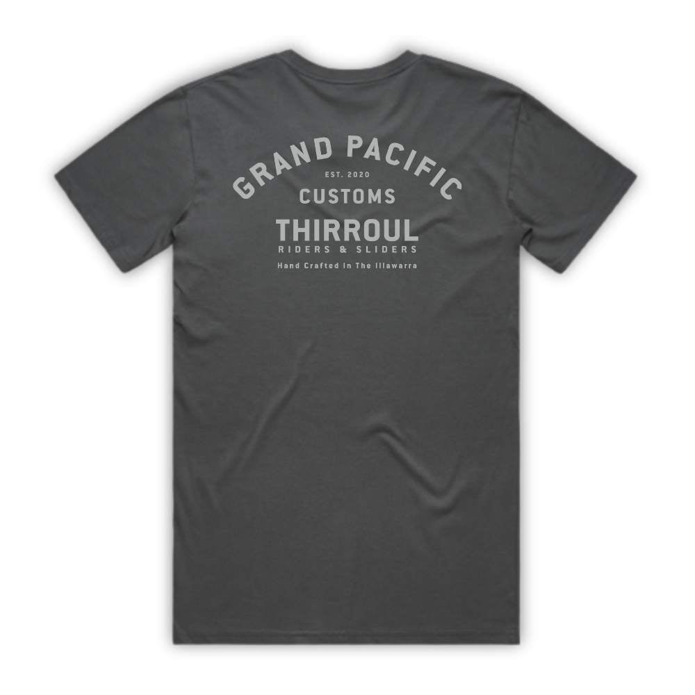 THIRROUL ADDRESS TEE in CHARCOAL BLACK GRAND PACIFIC CUSTOMS